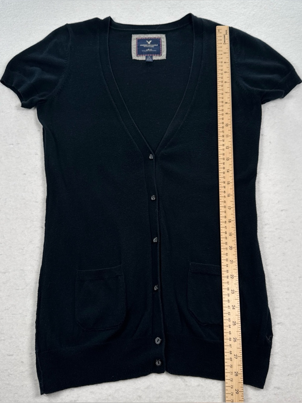 American Eagle Short Sleeve Long V-Neck Cardigan Women’s L Black Pockets Cotton - Picture 3 of 8